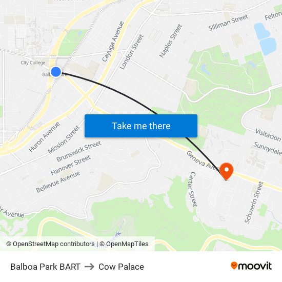 Balboa Park Bart Station to Cow Palace map