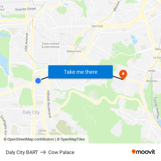 Daly City BART to Cow Palace map