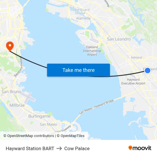 Hayward Station BART to Cow Palace map