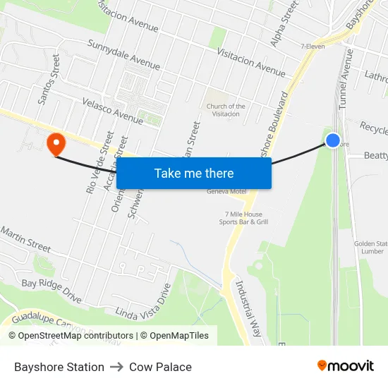 Bayshore Station to Cow Palace map