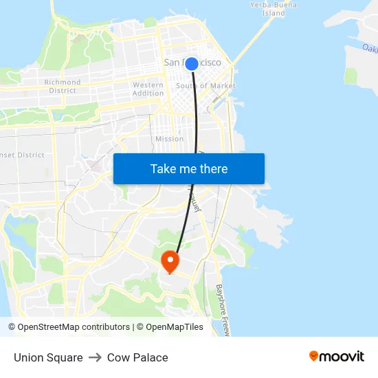 Union Square to Cow Palace map