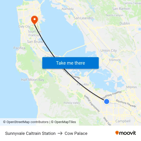 Sunnyvale Caltrain Station to Cow Palace map