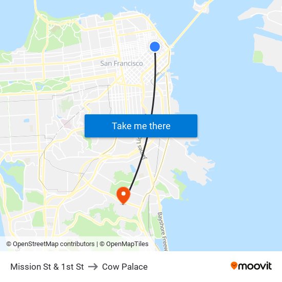 Mission St & 1st St to Cow Palace map