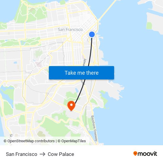 San Francisco to Cow Palace map