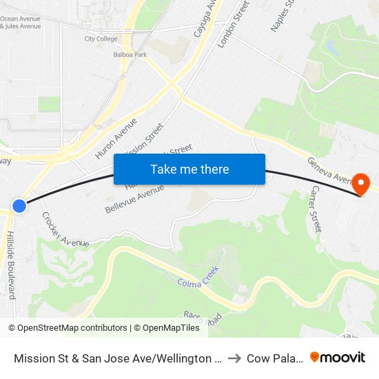 Mission St & San Jose Ave/Wellington Ave to Cow Palace map