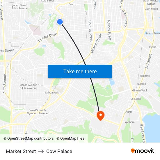 Market Street to Cow Palace map