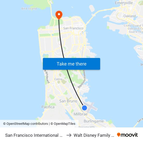 San Francisco International Airport (Sfo) to Walt Disney Family Museum map