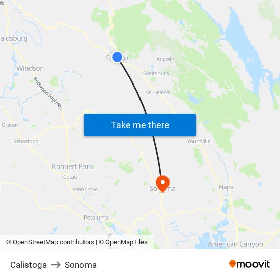 Calistoga to Sonoma map