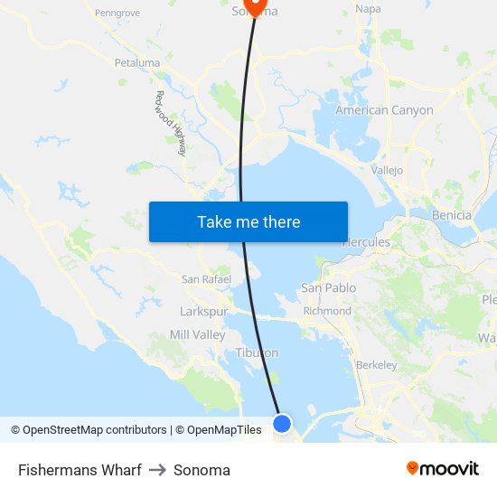 Fishermans Wharf to Sonoma map