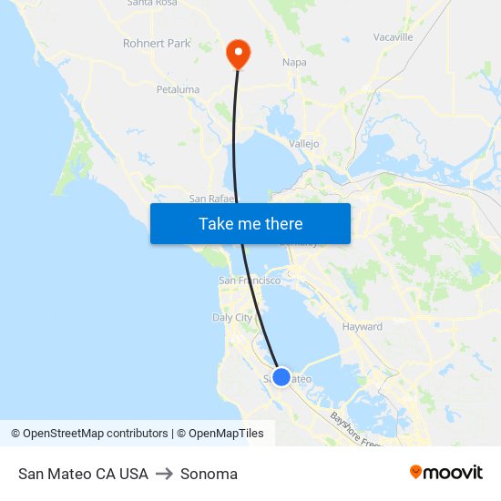 San Mateo CA USA to Sonoma map