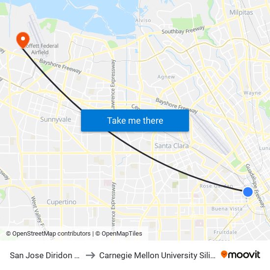 San Jose Diridon Station to Carnegie Mellon University Silicon Valley map