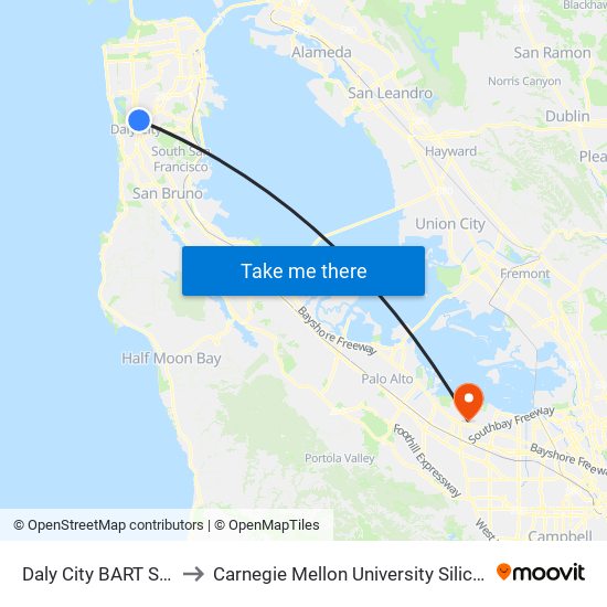 Daly City BART Station to Carnegie Mellon University Silicon Valley map