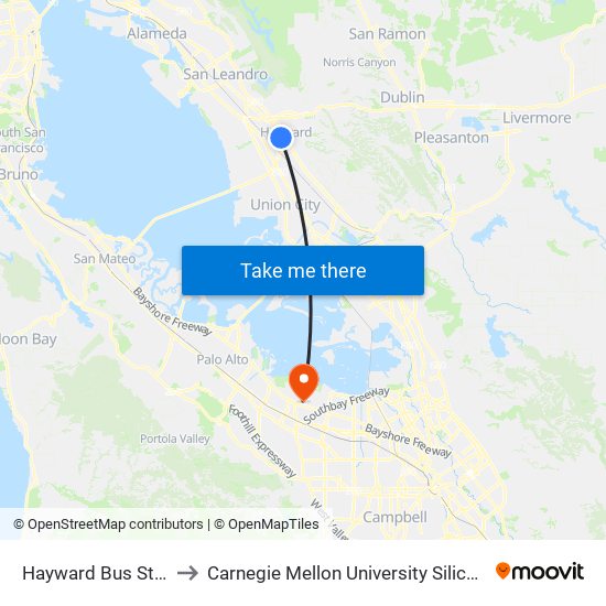 Hayward Bus Station to Carnegie Mellon University Silicon Valley map