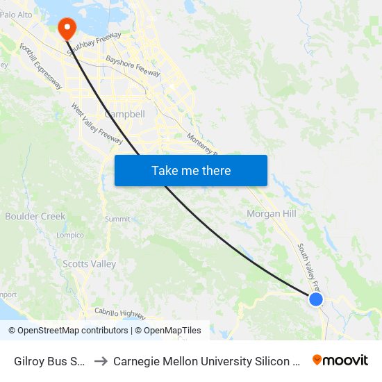 Gilroy Bus Stop to Carnegie Mellon University Silicon Valley map