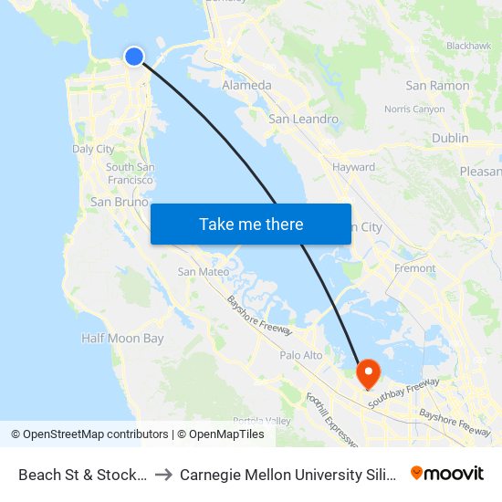 Beach St & Stockton St to Carnegie Mellon University Silicon Valley map