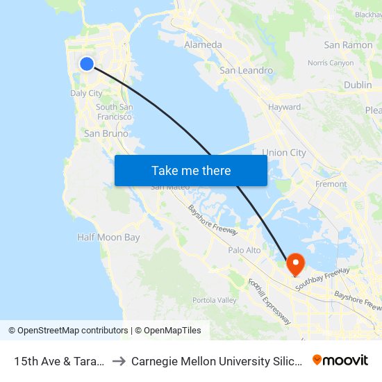 15th Ave & Taraval St to Carnegie Mellon University Silicon Valley map