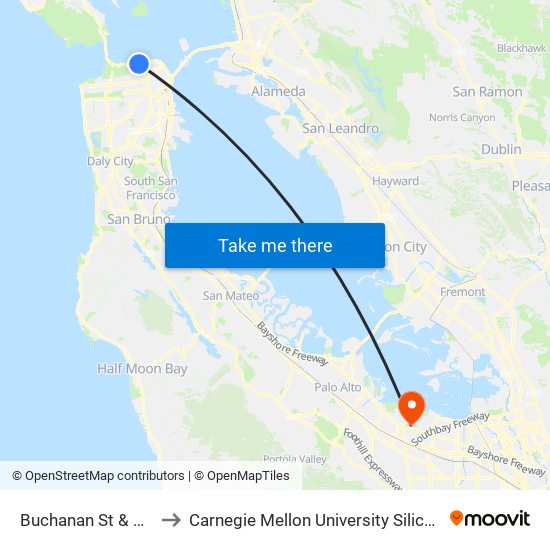 Buchanan St & Bay St to Carnegie Mellon University Silicon Valley map