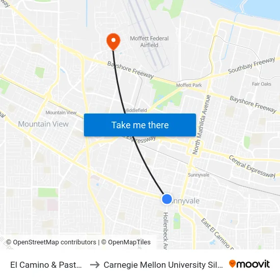 El Camino & Pastoria (W) to Carnegie Mellon University Silicon Valley map