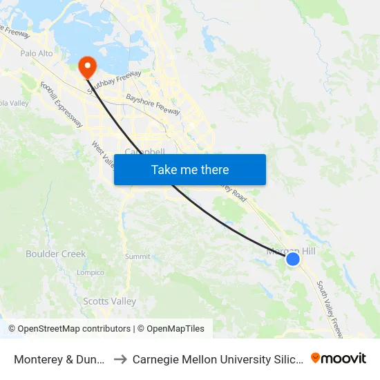 Monterey & Dunne (N) to Carnegie Mellon University Silicon Valley map