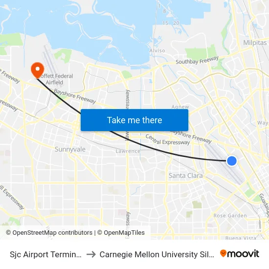 Sjc Airport Terminal B (S) to Carnegie Mellon University Silicon Valley map