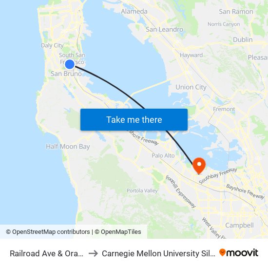 Railroad Ave & Orange Ave to Carnegie Mellon University Silicon Valley map