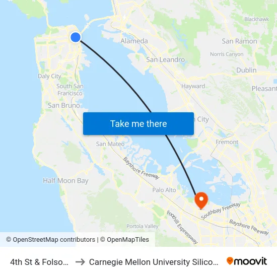 4th St & Folsom St to Carnegie Mellon University Silicon Valley map