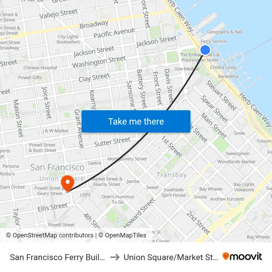 San Francisco Ferry Building Station to Union Square / Market Street Station map