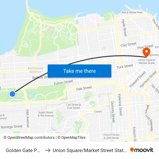 Golden Gate Park to Union Square / Market Street Station map