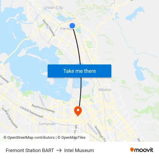 Fremont Station BART to Intel Museum map