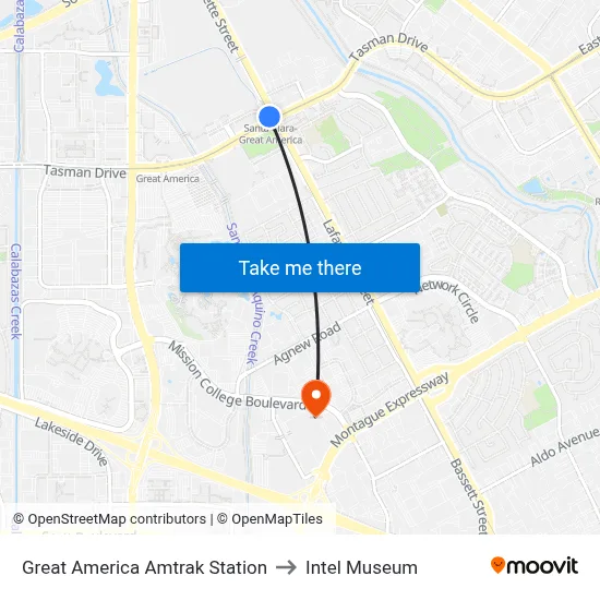 Great America Amtrak Station to Intel Museum map