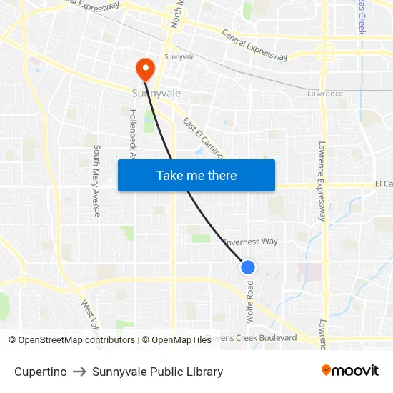 Cupertino to Sunnyvale Public Library map