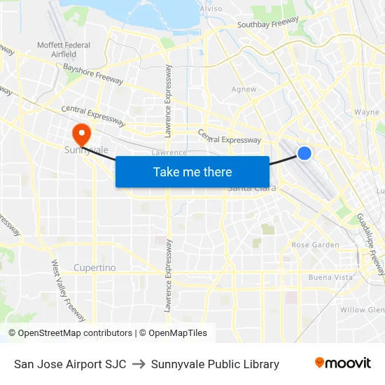 San Jose Airport SJC to Sunnyvale Public Library map