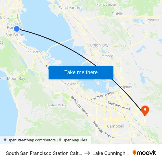 South San Francisco Station Caltrain to Lake Cunningham map