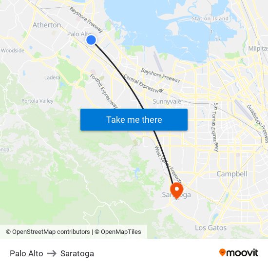 Palo Alto to Saratoga map