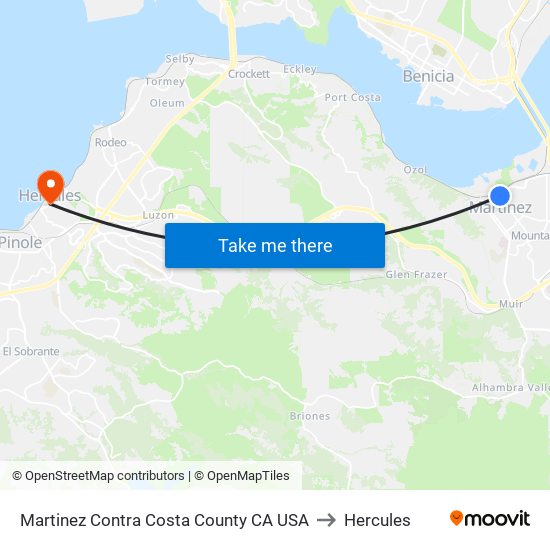 Martinez Contra Costa County CA USA to Hercules map