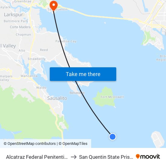 Alcatraz Federal Penitentiary to San Quentin State Prison map