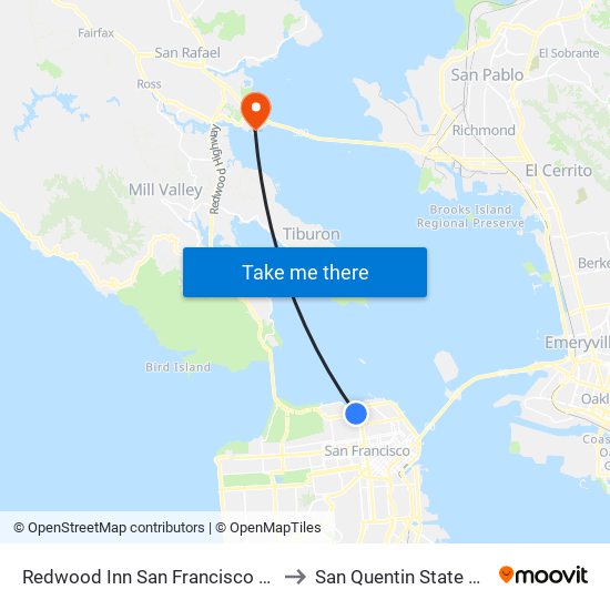 Redwood Inn San Francisco CA USA to San Quentin State Prison map