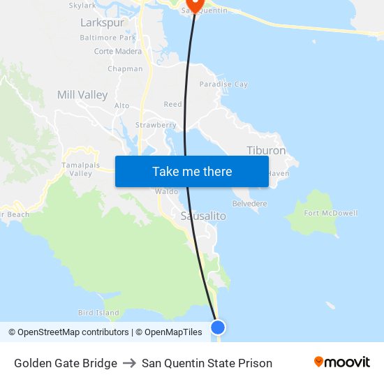 Golden Gate Bridge to San Quentin State Prison map