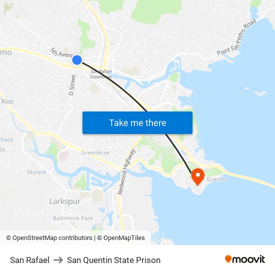 San Rafael to San Quentin State Prison map