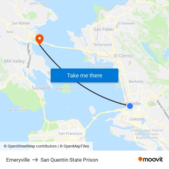 Emeryville to San Quentin State Prison map