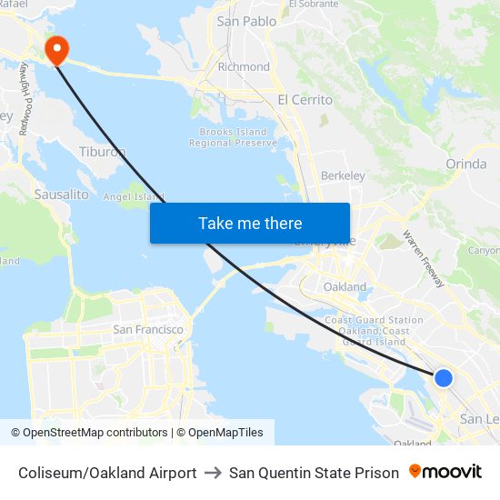 Coliseum/Oakland Airport to San Quentin State Prison map