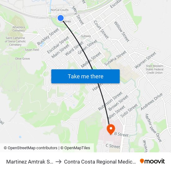 Martinez Amtrak Station to Contra Costa Regional Medical Center map