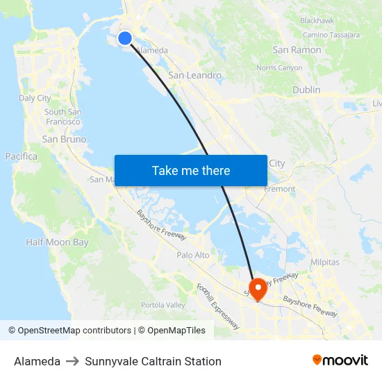 Alameda to Sunnyvale Caltrain Station map