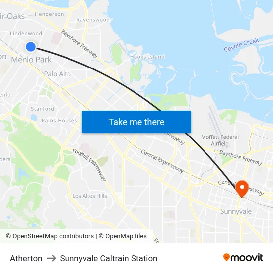 Atherton to Sunnyvale Caltrain Station map
