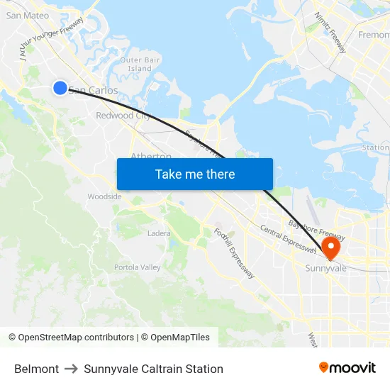 Belmont to Sunnyvale Caltrain Station map