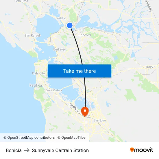 Benicia to Sunnyvale Caltrain Station map