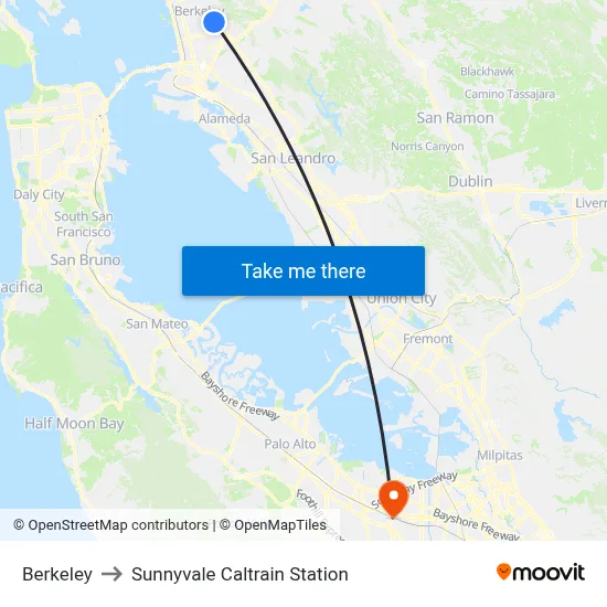 Berkeley to Sunnyvale Caltrain Station map