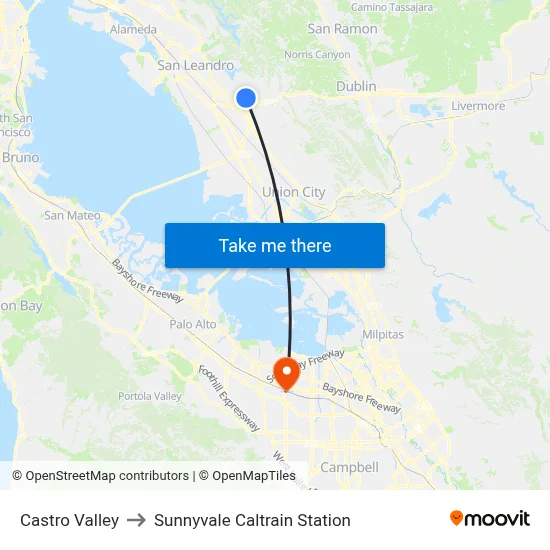 Castro Valley to Sunnyvale Caltrain Station map