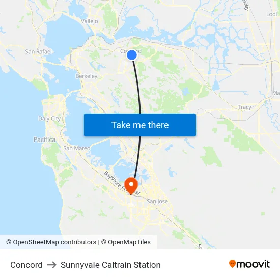 Concord to Sunnyvale Caltrain Station map