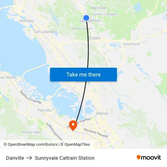 Danville to Sunnyvale Caltrain Station map